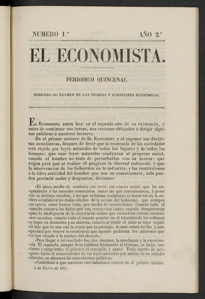 Miniatura de El Economista: periódico quincenal del 5 de enero de 1857, nº 1