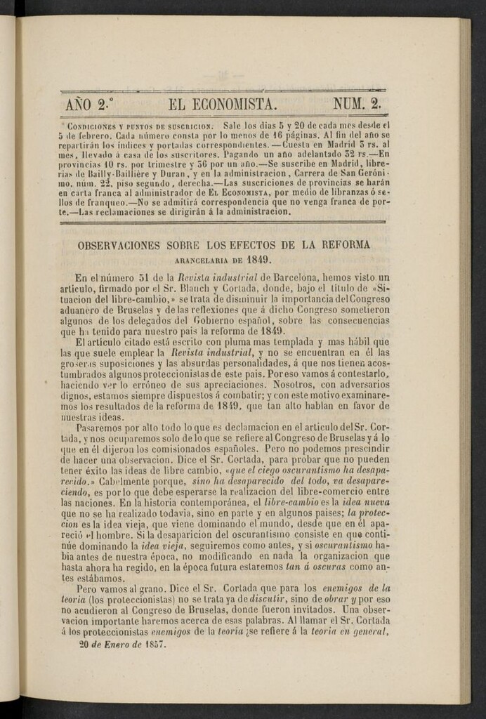 Miniatura de El Economista: periódico quincenal del 20 de enero de 1857, nº 2