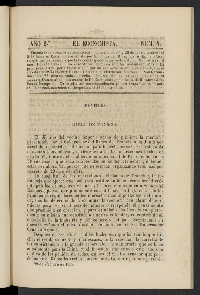 Miniatura de El Economista: periódico quincenal del 20 de febrero de 1857, nº 4