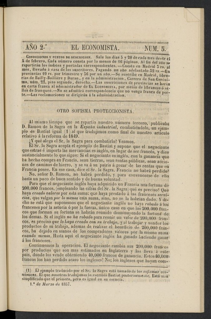 Miniatura de El Economista: periódico quincenal del 1 de marzo de 1857, nº 5