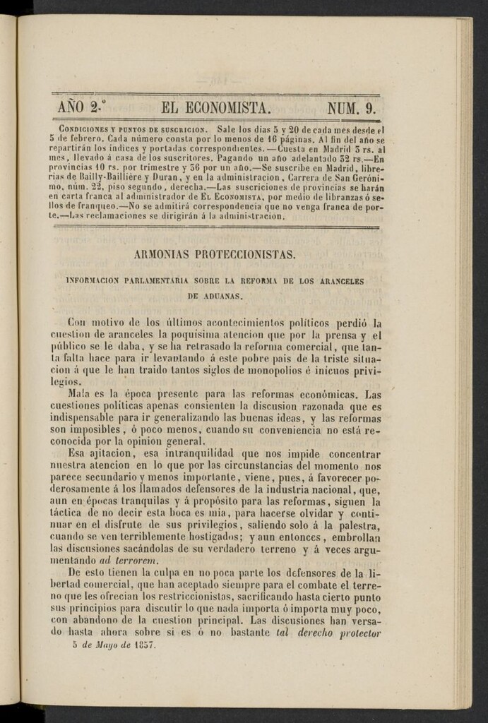 Miniatura de El Economista: periódico quincenal del 5 de mayo de 1857, nº 9