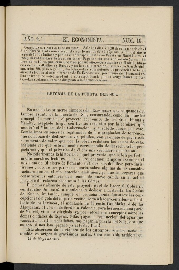 Miniatura de El Economista: periódico quincenal del 25 de mayo de 1857, nº 10