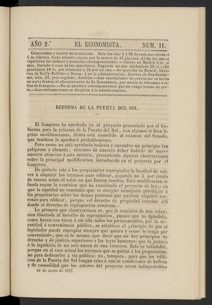 Miniatura de El Economista: periódico quincenal del 10 de junio de 1857, nº 11