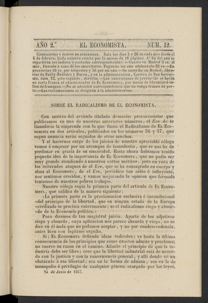 Miniatura de El Economista: periódico quincenal del 25 de junio de 1857, nº 12