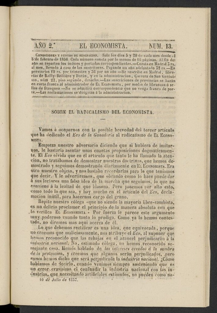 Miniatura de El Economista: periódico quincenal del 10 de julio de 1857, nº 13