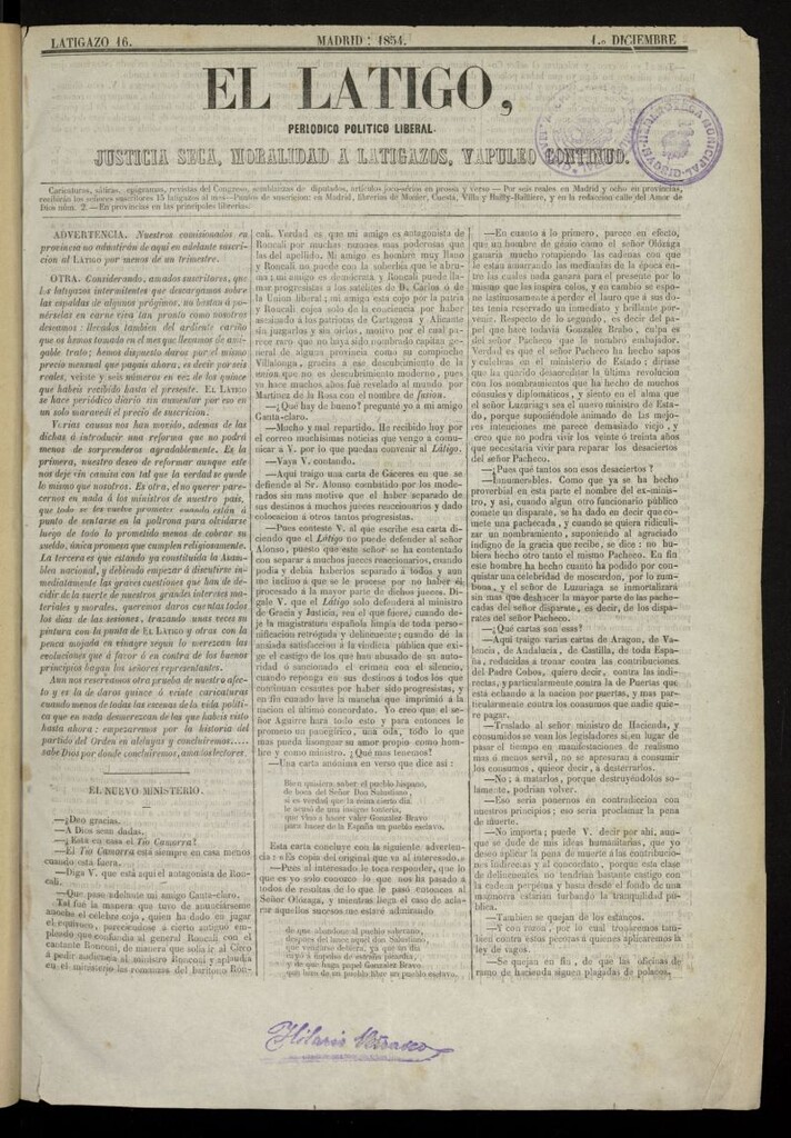Miniatura de El Látigo: periódico político-liberal del 1 de diciembre de 1854, latigazo 16