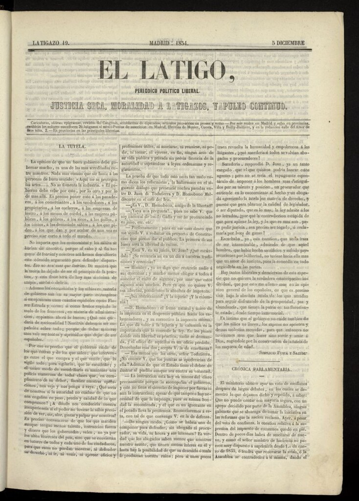 Miniatura de El Látigo: periódico político-liberal del 5 de diciembre de 1854, latigazo 19