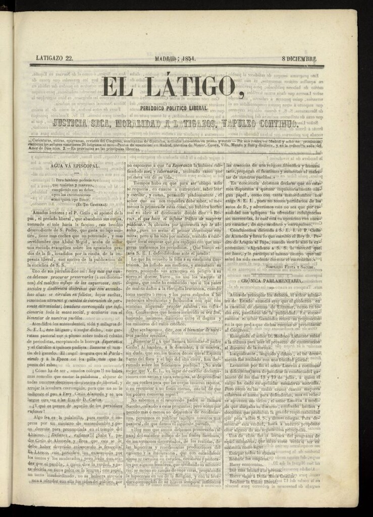 Miniatura de El Látigo: periódico político-liberal del 8 de diciembre de 1854, latigazo 22