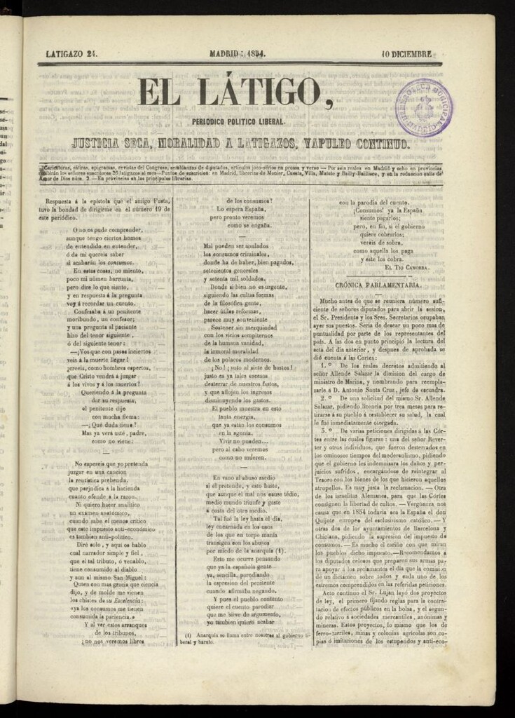 Miniatura de El Látigo: periódico político-liberal del 10 de diciembre de 1854, latigazo 24