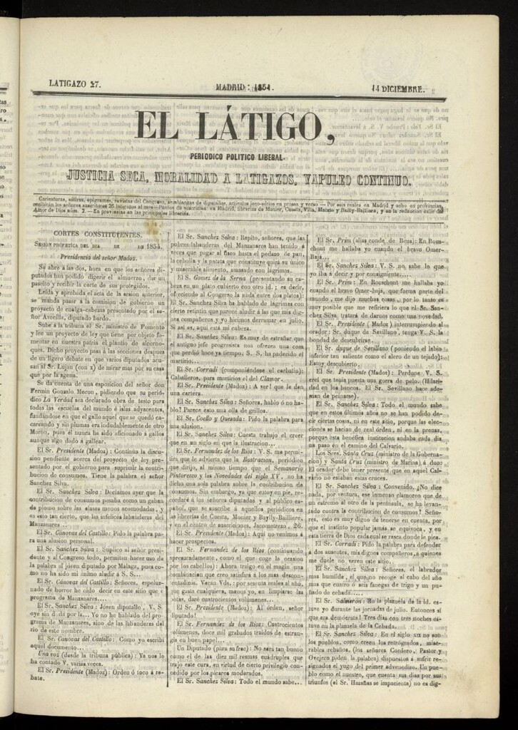 Miniatura de El Látigo: periódico político-liberal del 14 de diciembre de 1854, latigazo 27