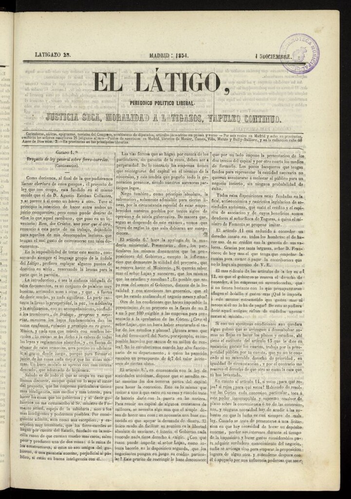 Miniatura de El Látigo: periódico político-liberal del 15 de diciembre de 1854, latigazo 28