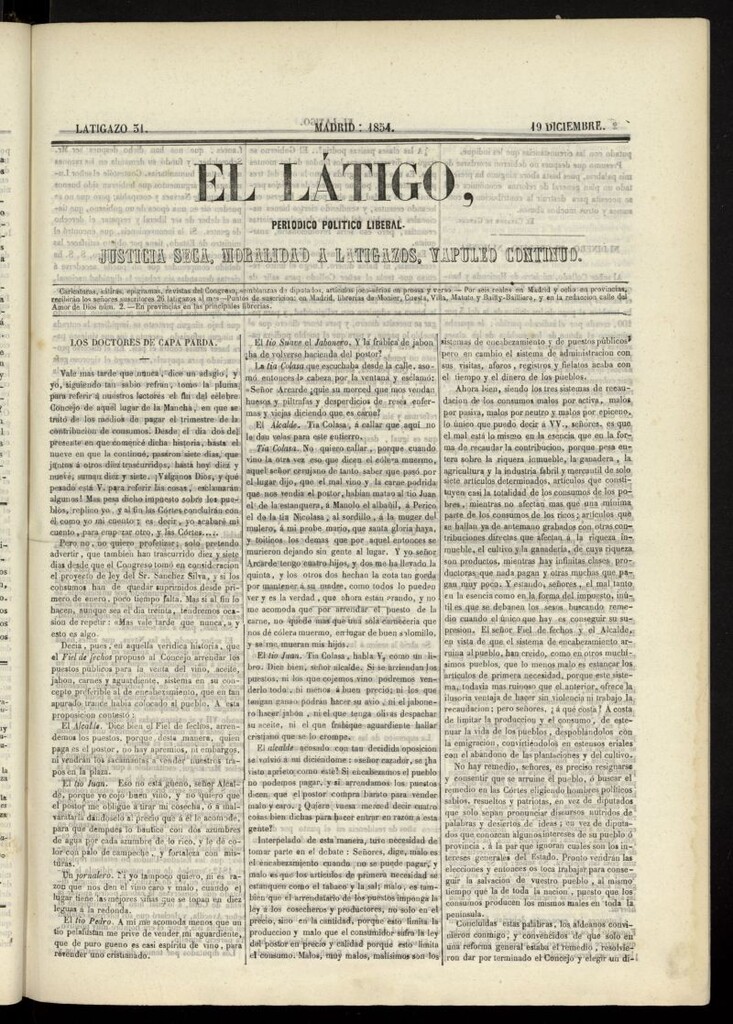 Miniatura de El Látigo: periódico político-liberal del 19 de diciembre de 1854, latigazo 31