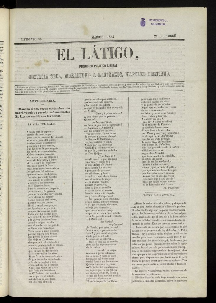 Miniatura de El Látigo: periódico político-liberal del 24 de diciembre de 1854, latigazo 36