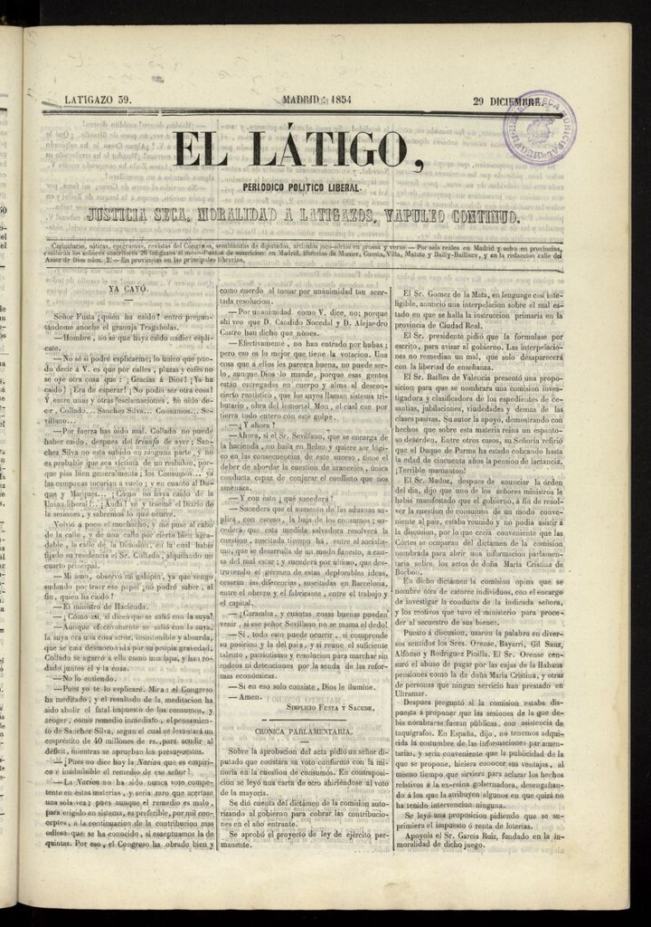 Miniatura de El Látigo: periódico político-liberal del 29 de diciembre de 1854, latigazo 39