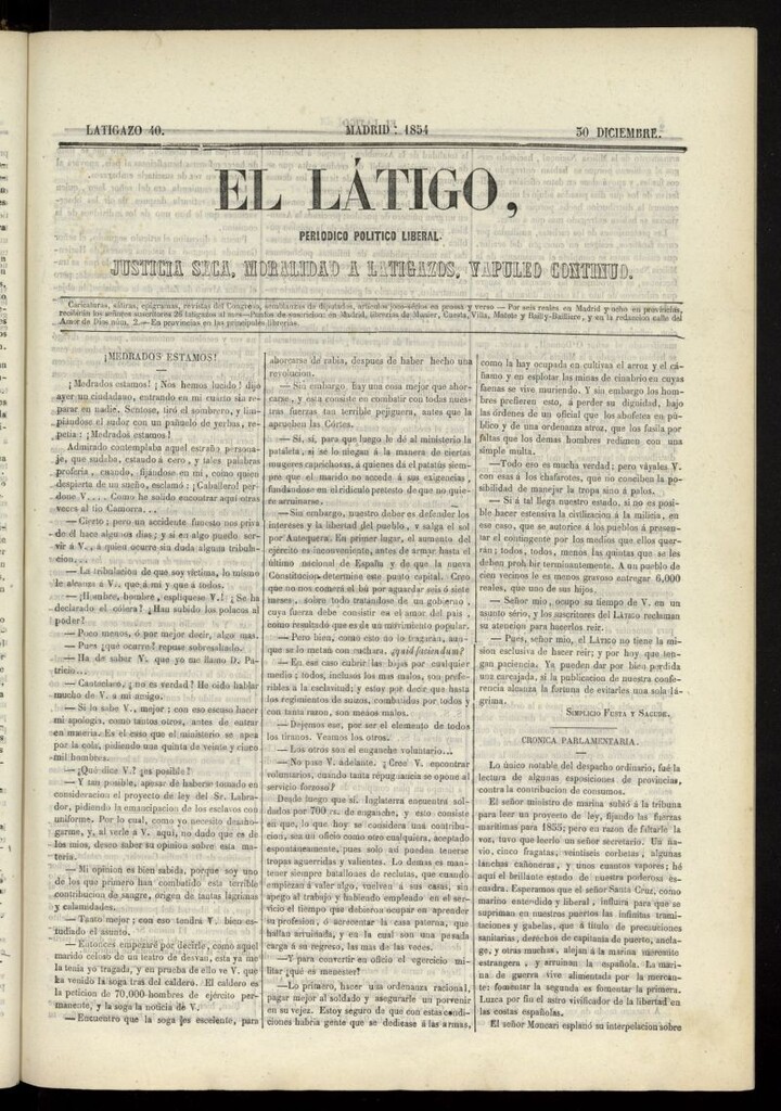 Miniatura de El Látigo: periódico político-liberal del 30 de diciembre de 1854, latigazo 40
