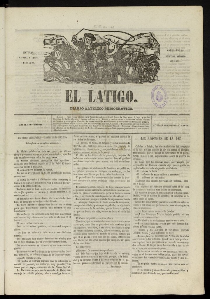 Miniatura de El Látigo: periódico político-liberal del 23 de febrero de 1855, nº 86