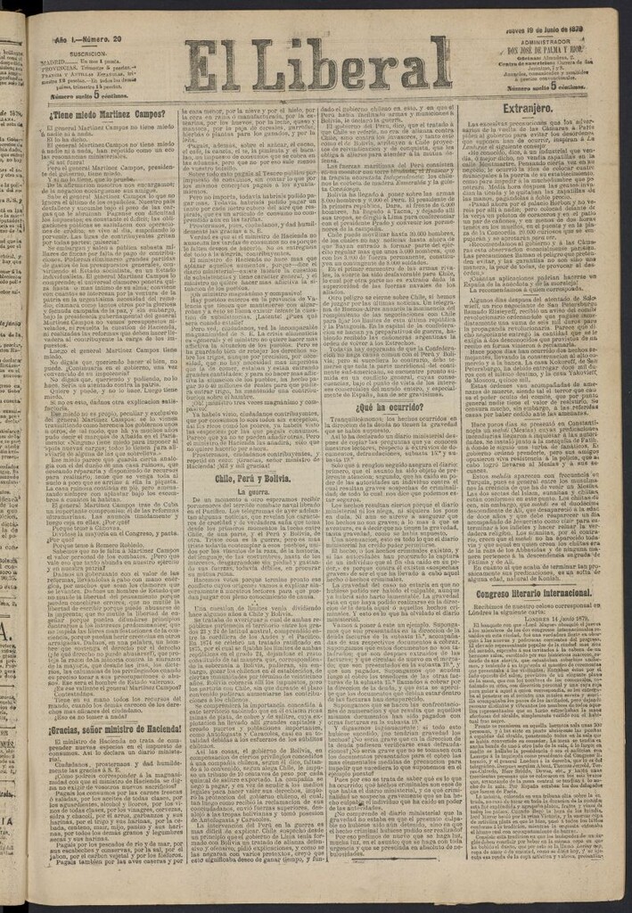 Miniatura de El Liberal (Madrid. 1879) del 19 de junio de 1879, nº 20