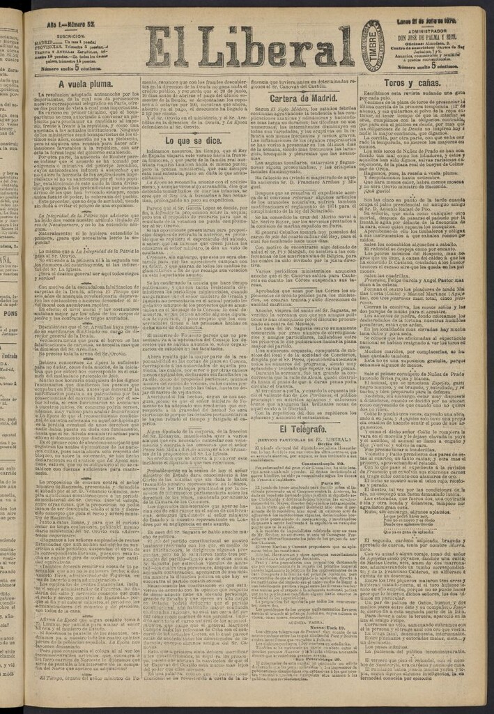 Miniatura de El Liberal (Madrid. 1879) del 21 de julio de 1879, nº 52