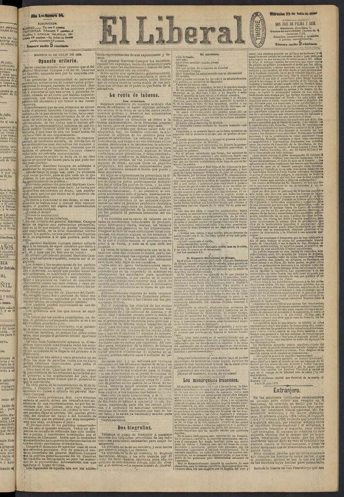 Miniatura de El Liberal (Madrid. 1879) del 23 de julio de 1879, nº 54