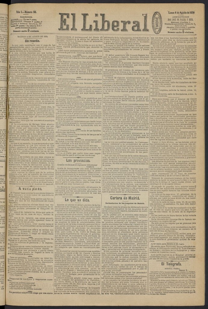 Miniatura de El Liberal (Madrid. 1879) del 4 de agosto de 1879, nº 66