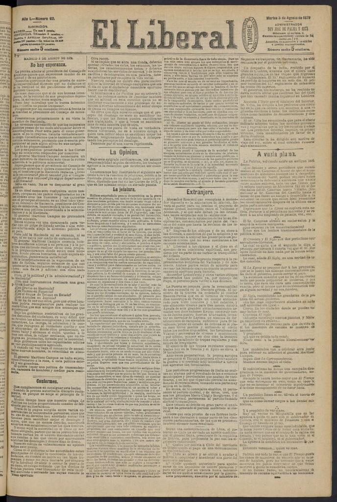 Miniatura de El Liberal (Madrid. 1879) del 5 de agosto de 1879, nº 67