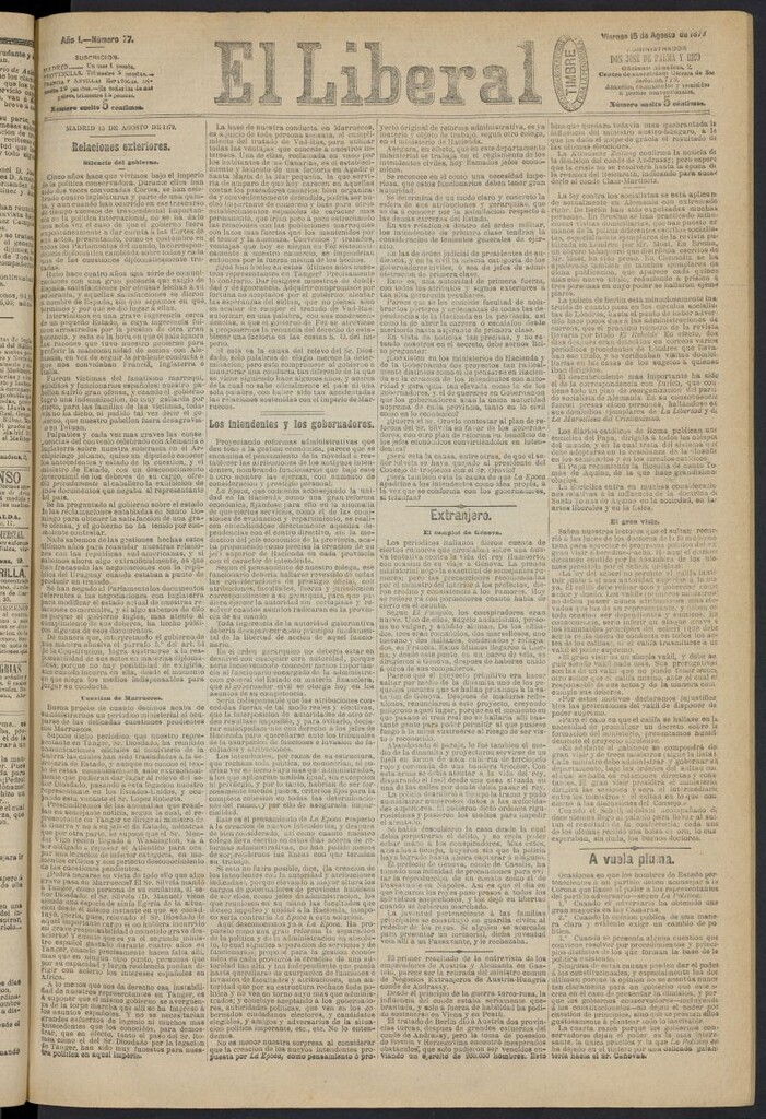 Miniatura de El Liberal (Madrid. 1879) del 15 de agosto de 1879, nº 77