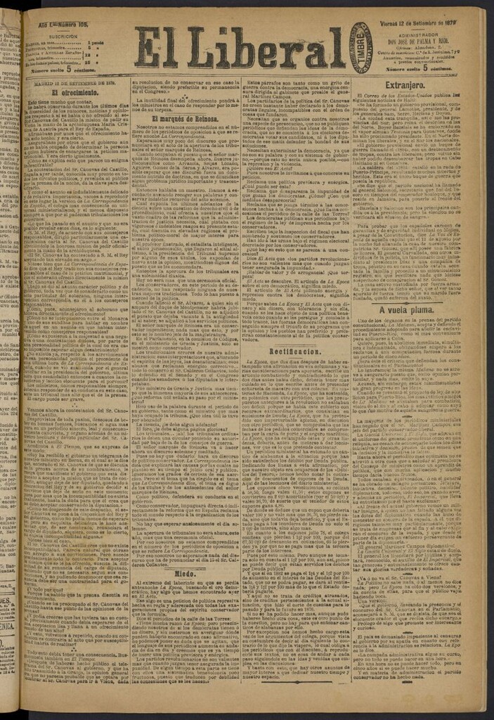 Miniatura de El Liberal (Madrid. 1879) del 12 de septiembre de 1879, nº 105