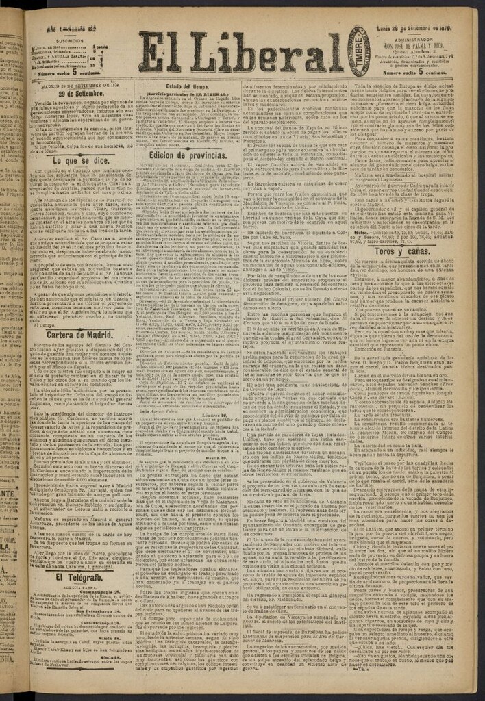 Miniatura de El Liberal (Madrid. 1879) del 29 de septiembre de 1879, nº 122