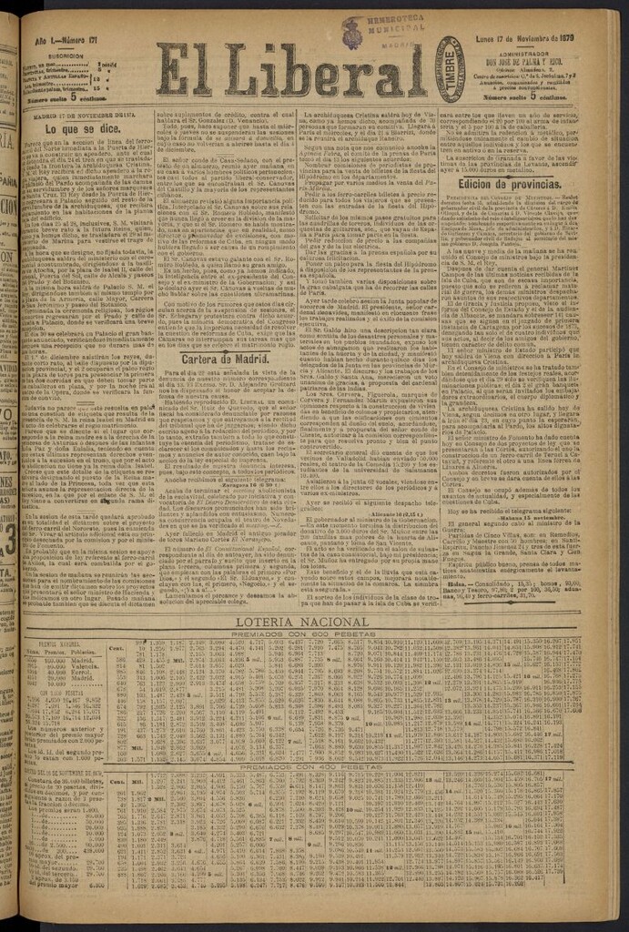 Miniatura de El Liberal (Madrid. 1879) del 17 de noviembre de 1879, nº 171