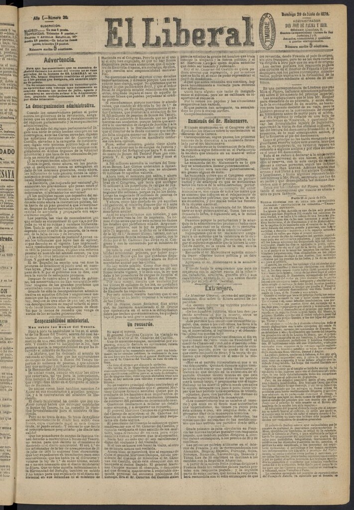 Miniatura de El Liberal (Madrid. 1879) del 29 de junio de 1879, nº 30