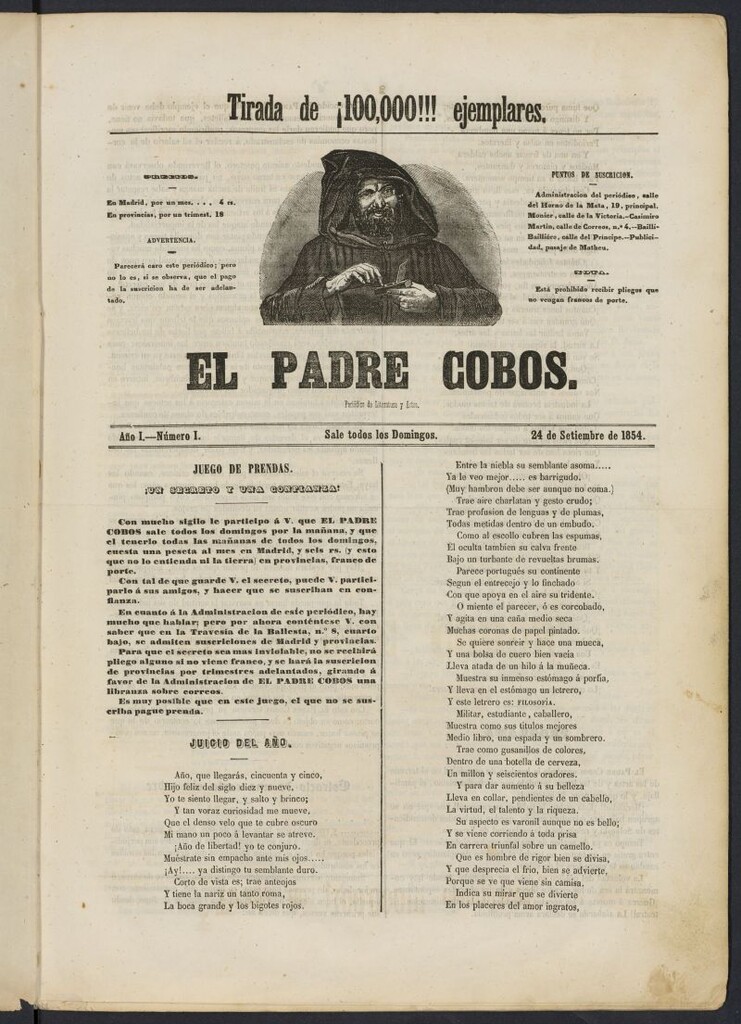 Miniatura de El Padre Cobos: periódico de literatura y artes del 24 de septiembre de 1854, nº 1
