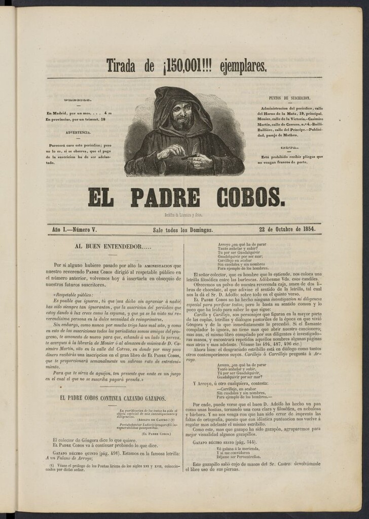 Miniatura de El Padre Cobos: periódico de literatura y artes del 22 de octubre de 1854, nº 5