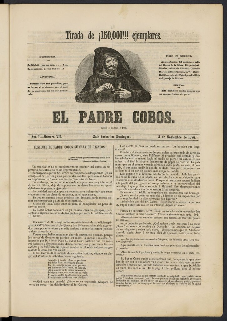 Miniatura de El Padre Cobos: periódico de literatura y artes del 5 de noviembre de 1854, nº 7