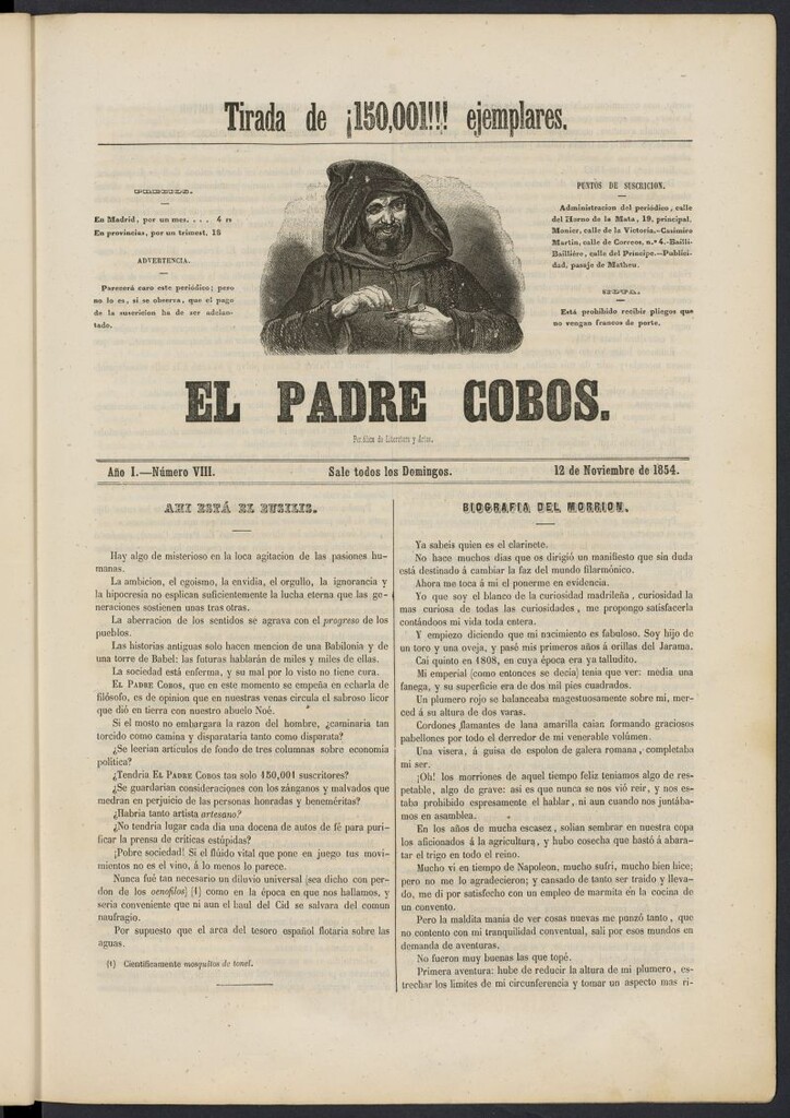 Miniatura de El Padre Cobos: periódico de literatura y artes del 12 de noviembre de 1854, nº 8