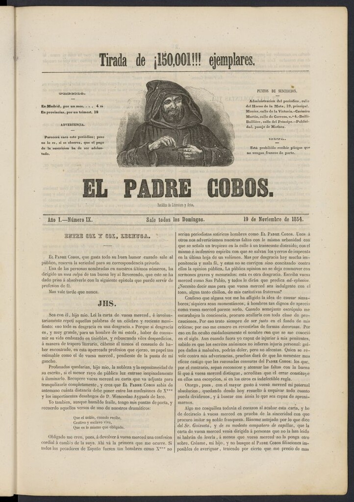 Miniatura de El Padre Cobos: periódico de literatura y artes del 19 de noviembre de 1854, nº 9