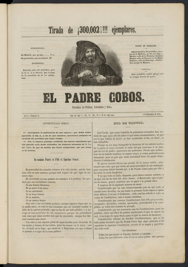 Miniatura de El Padre Cobos: periódico de literatura y artes del 3 de diciembre de 1854, nº 11