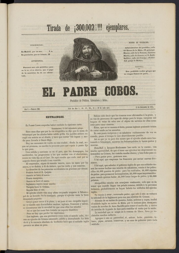 Miniatura de El Padre Cobos: periódico de literatura y artes del 15 de diciembre de 1854, nº 13