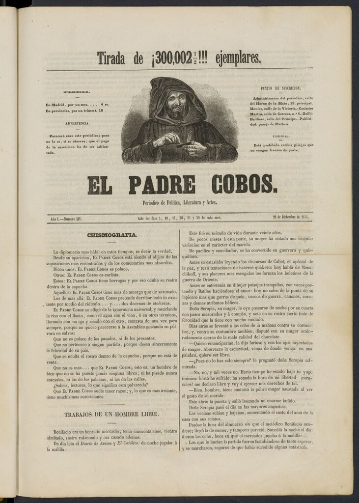 Miniatura de El Padre Cobos: periódico de literatura y artes del 20 de diciembre de 1854, nº 14