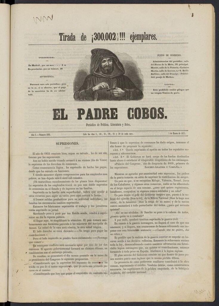 Miniatura de El Padre Cobos: periódico de literatura y artes del 5 de enero de 1855, nº 18