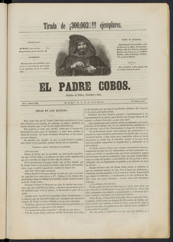 Miniatura de El Padre Cobos: periódico de literatura y artes del 10 de enero de 1855, nº 18