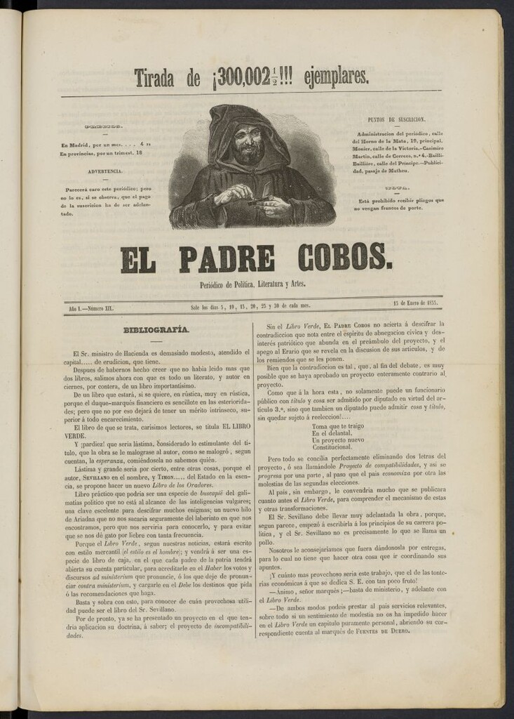 Miniatura de El Padre Cobos: periódico de literatura y artes del 15 de enero de 1855, nº 19