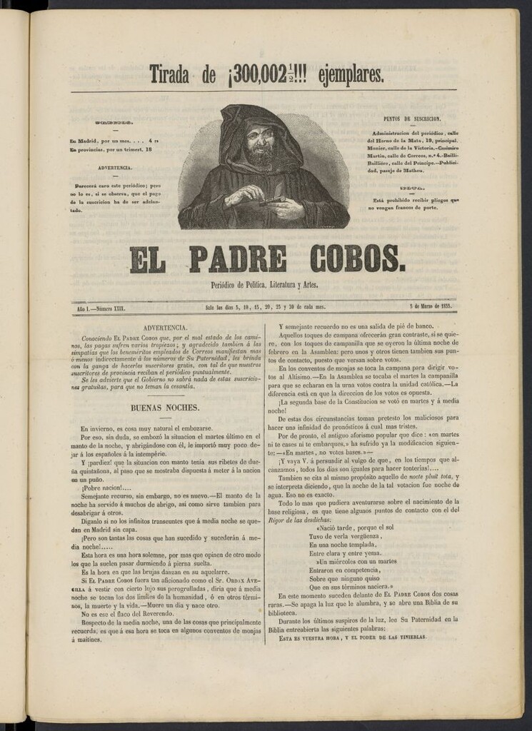 Miniatura de El Padre Cobos: periódico de literatura y artes del 5 de marzo de 1855, nº 29