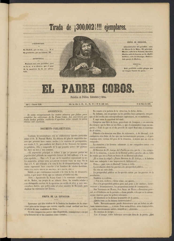 Miniatura de El Padre Cobos: periódico de literatura y artes del 15 de mayo de 1855, nº 43