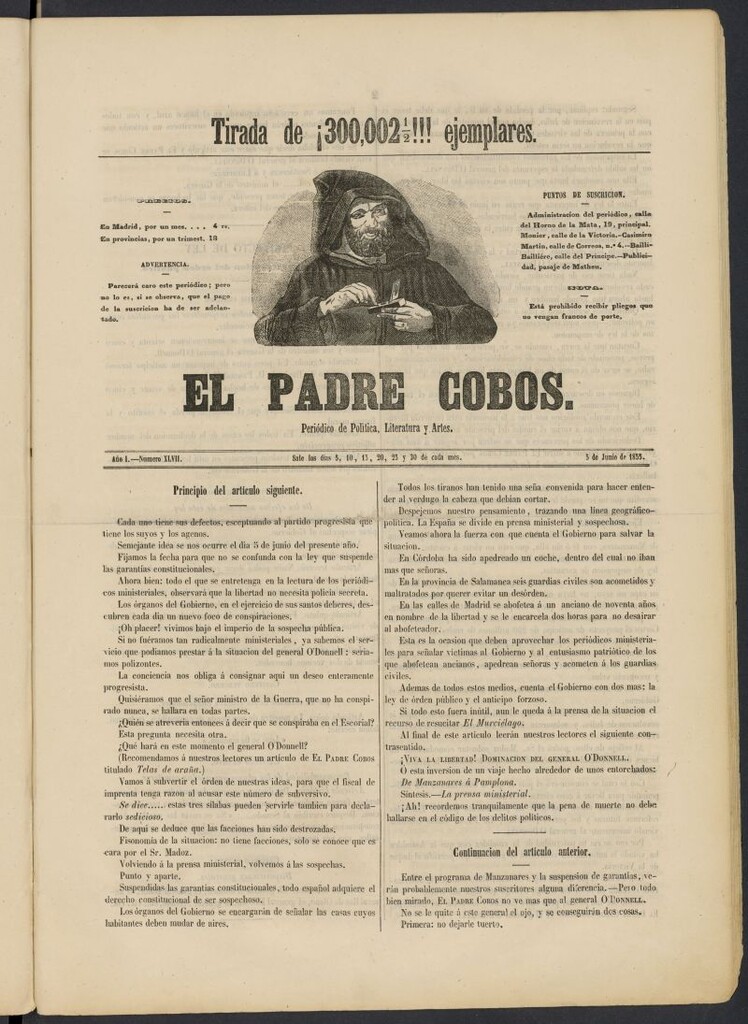 Miniatura de El Padre Cobos: periódico de literatura y artes del 5 de junio de 1855, nº 47