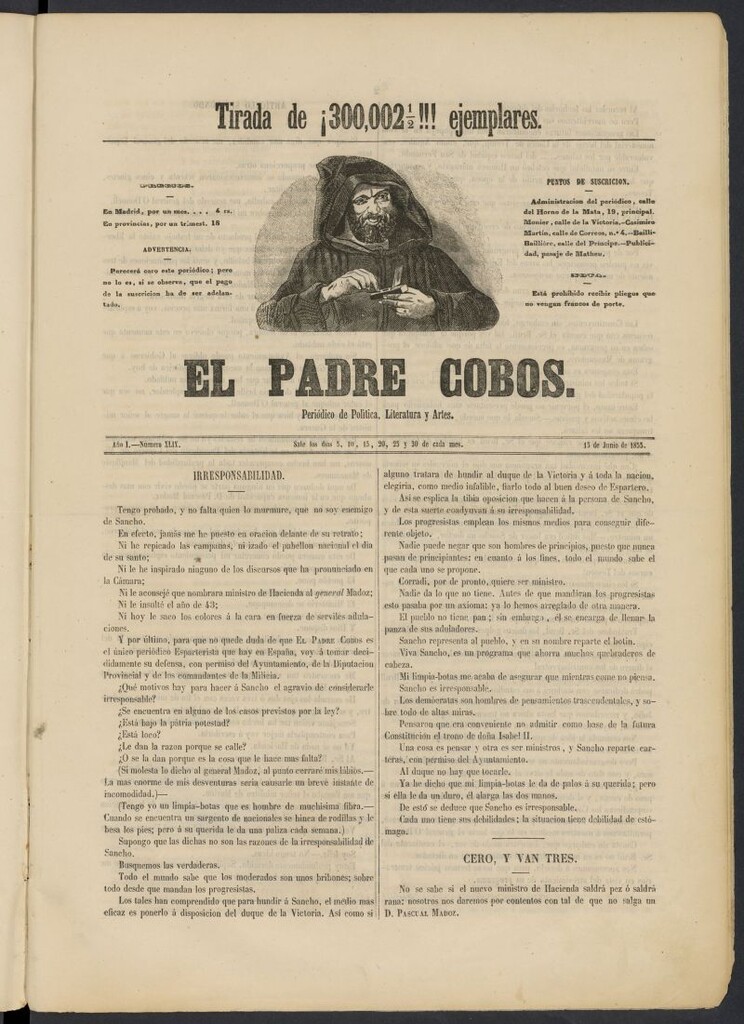 Miniatura de El Padre Cobos: periódico de literatura y artes del 15 de junio de 1855, nº 49