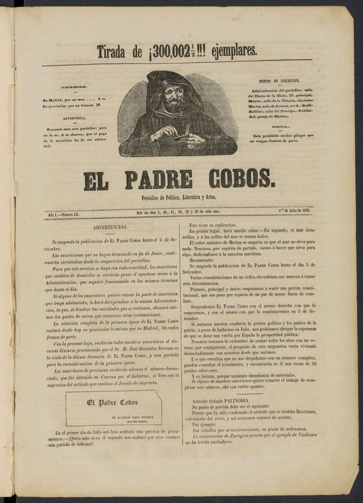 Miniatura de El Padre Cobos: periódico de literatura y artes del 1 de julio de 1855, nº 52