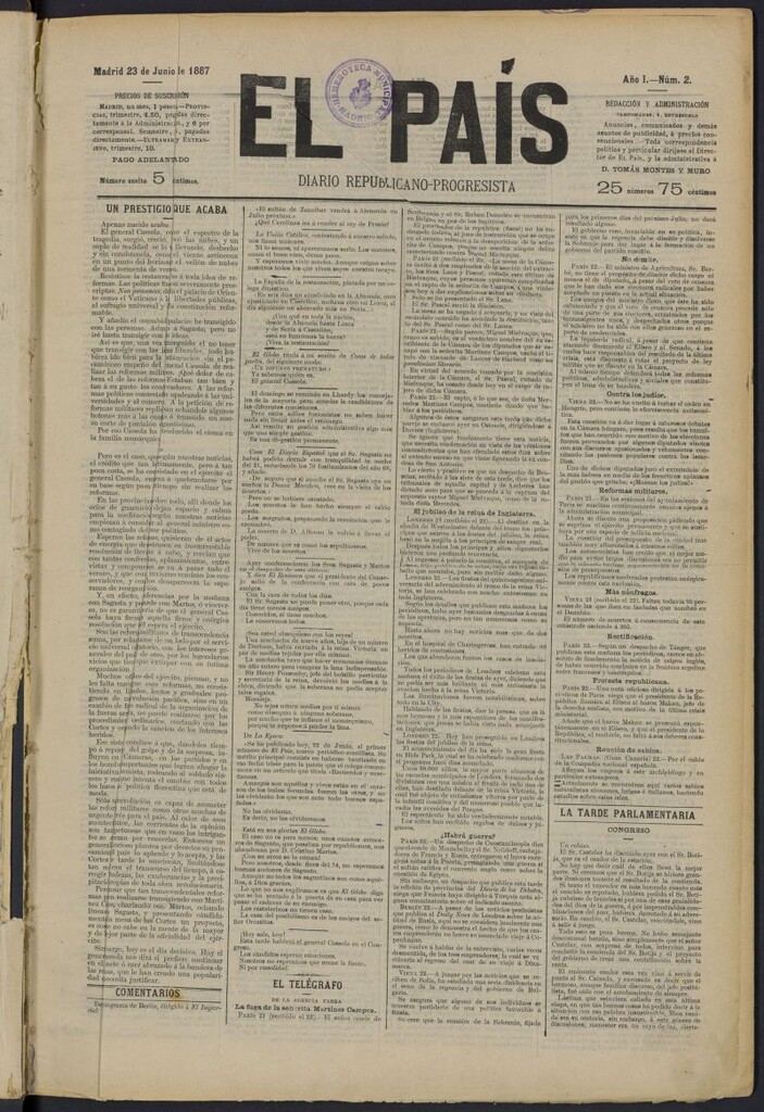 Miniatura de El País: diario republicano-progresista del 23 de junio de 1887, nº 2