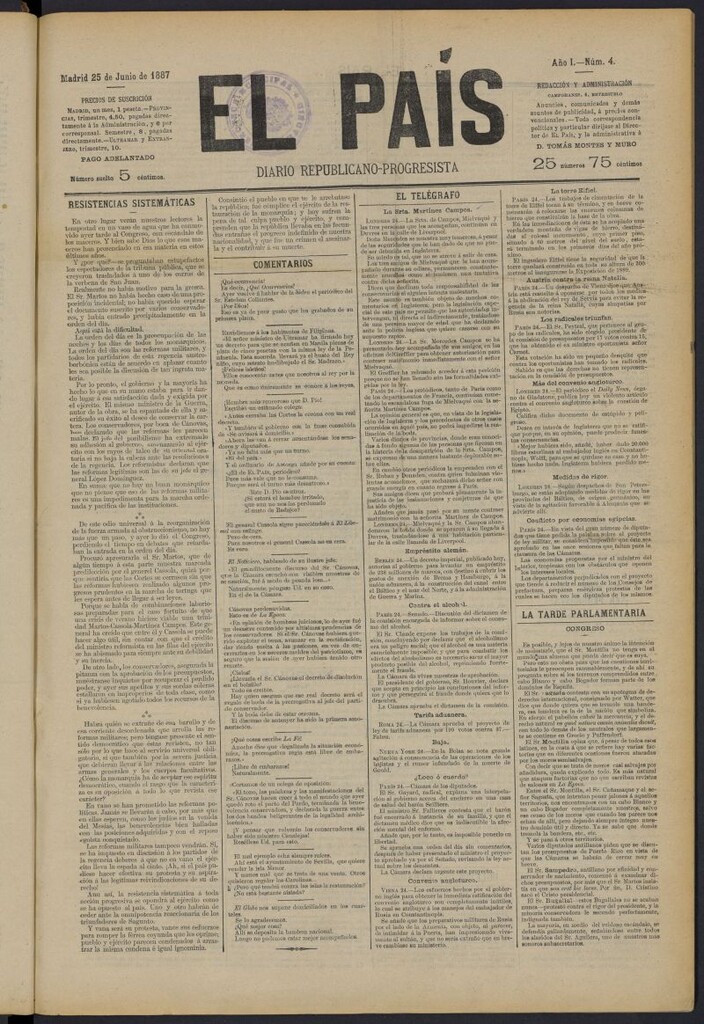 Miniatura de El País: diario republicano-progresista del 25 de junio de 1887, nº 4