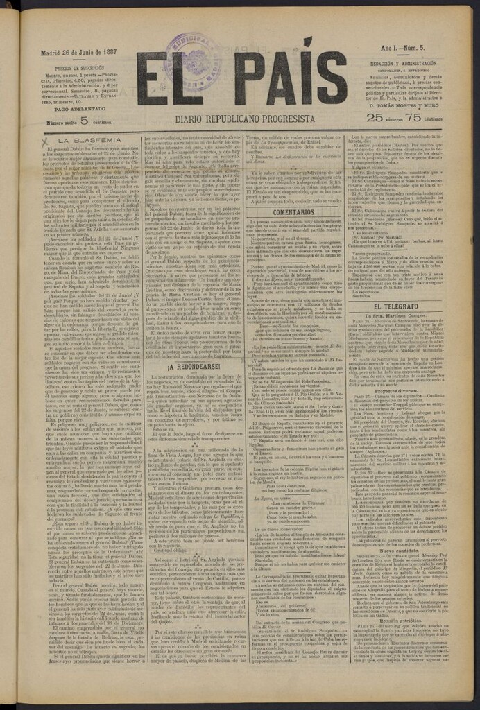Miniatura de El País: diario republicano-progresista del 26 de junio de 1887, nº 5