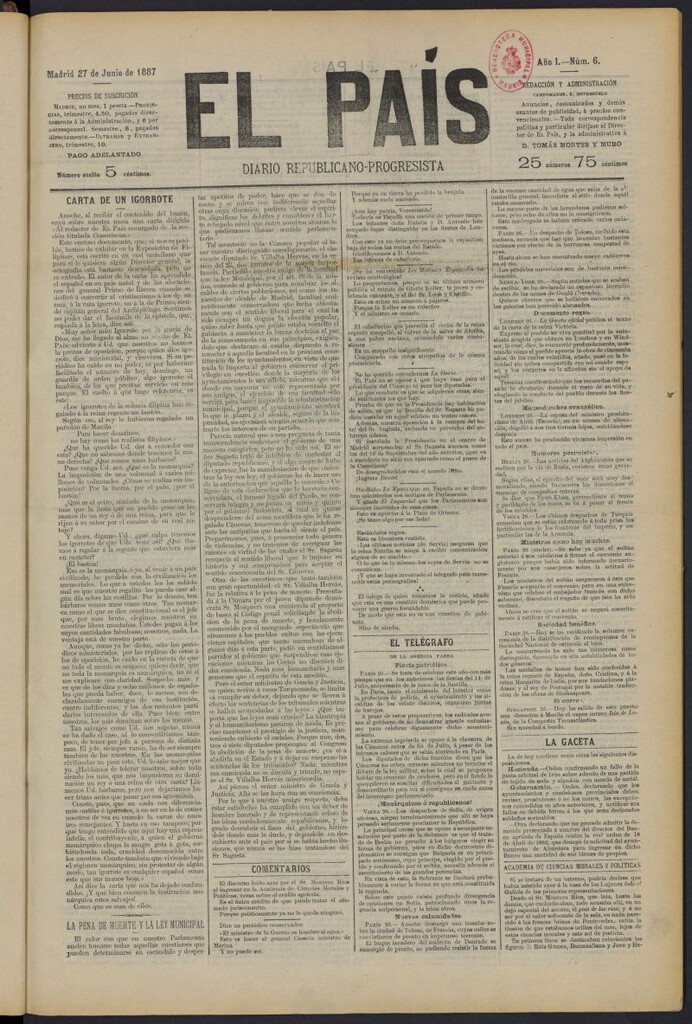 Miniatura de El País: diario republicano-progresista del 27 de junio de 1887, nº 6